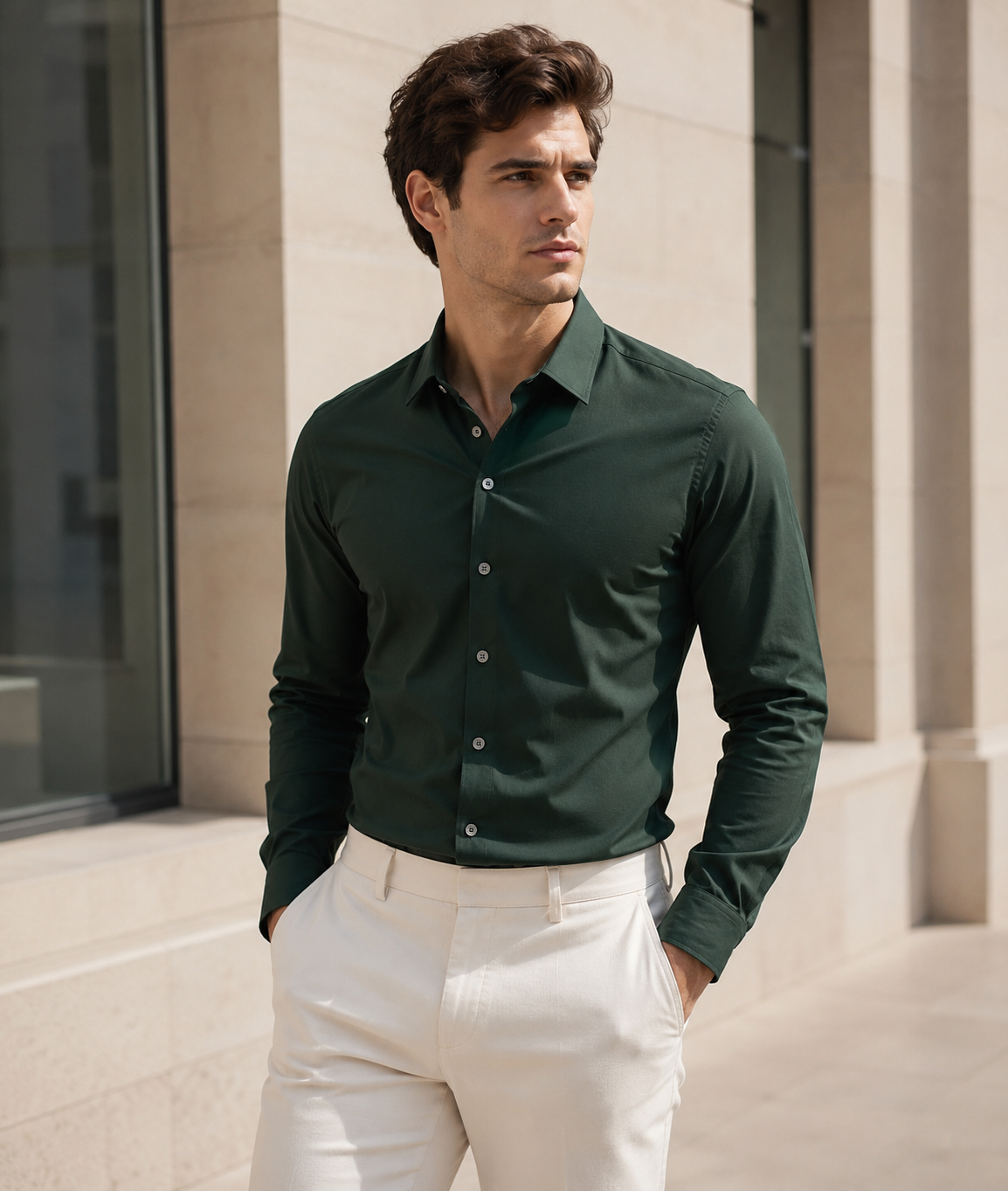 Calvin Linen Bottle Green Shirt For Men